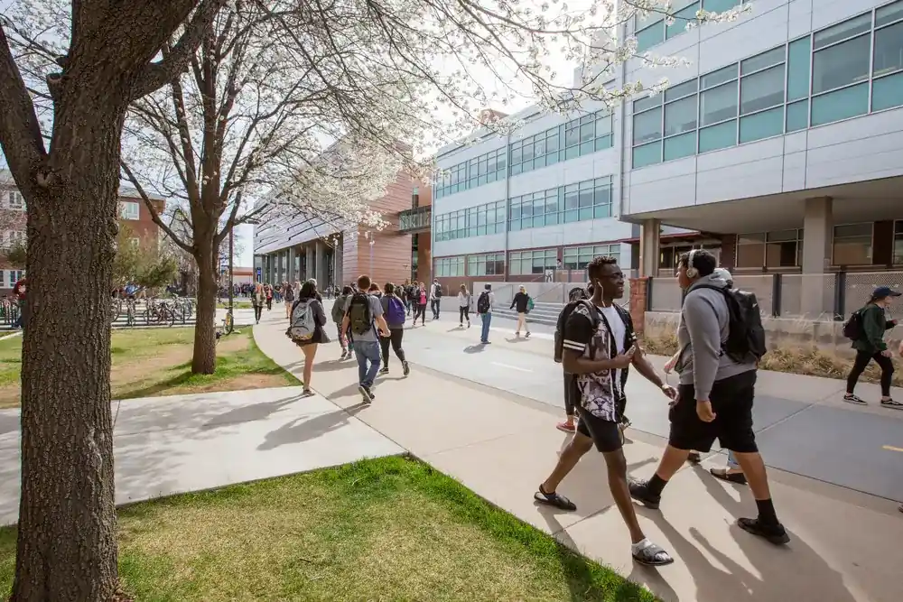 Student walking outdoors on a sunny spring day on a college campus